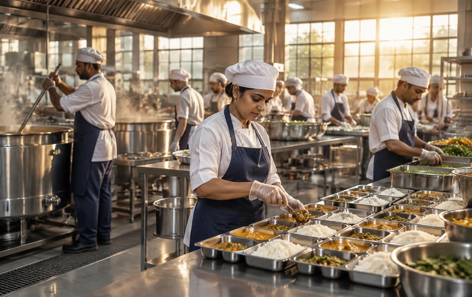 Team preparing meals in an institutional kitchen